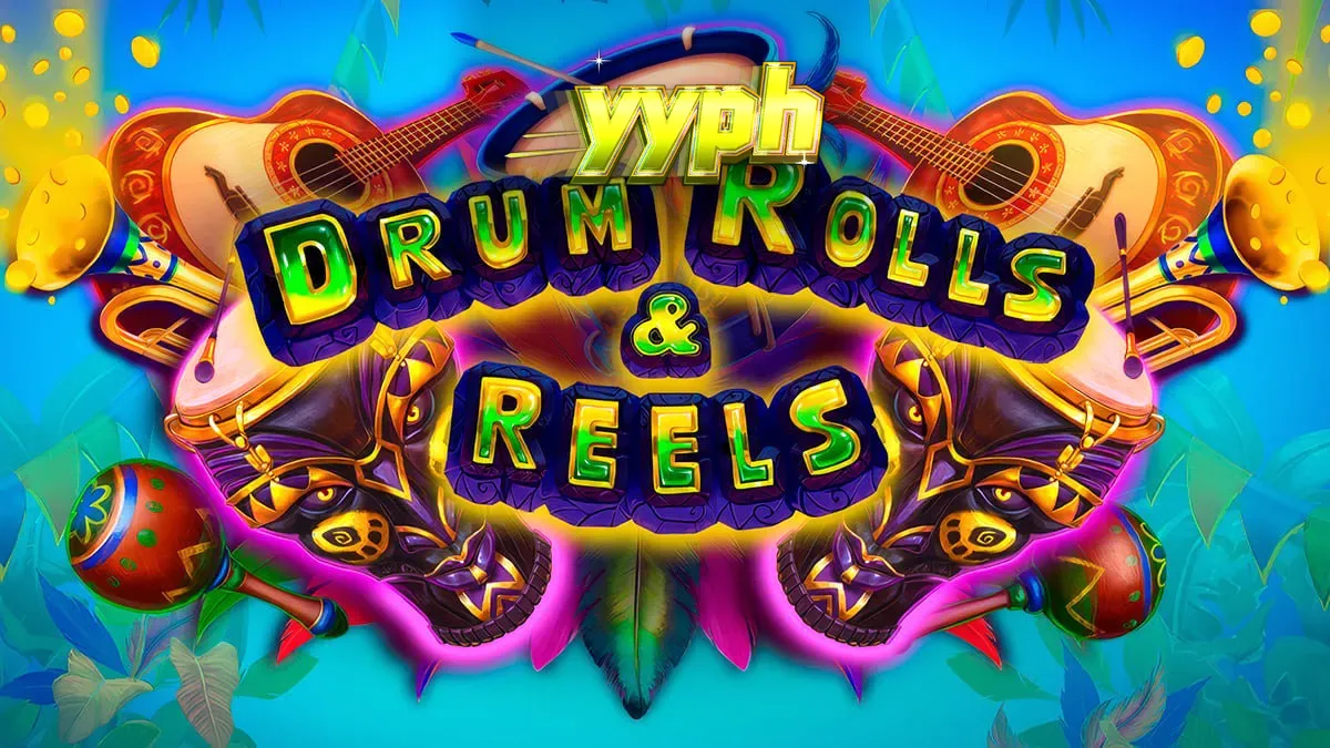 Makulay na disenyo ng slot game na Drum Rolls & Reels na may temang Brazilian carnival.